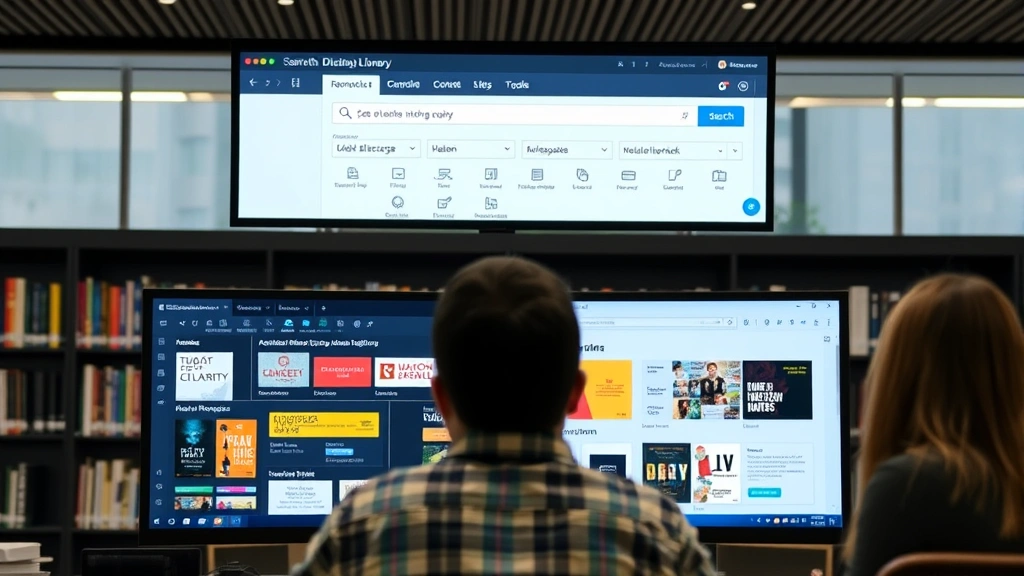 Digital library interface displayed on computer screen showing search function and database access, modern integrated library system, patron accessing online resources and e-books