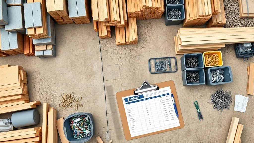 Overhead view of a construction site with organized material piles, lumber stacks, fastener bins, and a budget spreadsheet visible on a clipboard, natural daylight showing detailed cost organization
