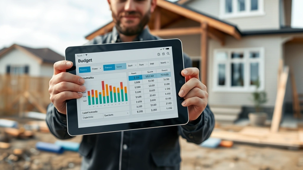 Professional contractor reviewing digital budget tracking on a tablet at a residential construction site, with material costs and labor hours displayed on screen, work in progress visible in background
