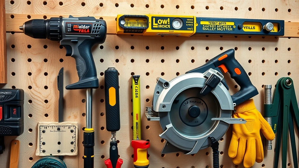 Close-up of a well-organized tool collection on a pegboard, showing cordless drill, circular saw, tape measure, level, safety glasses, and work gloves arranged systematically, workshop lighting