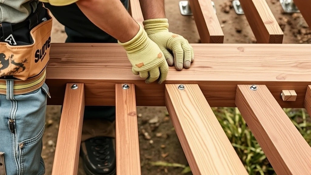 Worker installing composite decking boards perpendicular to wooden joists using corrosion-resistant screws, showing proper spacing and fastening technique