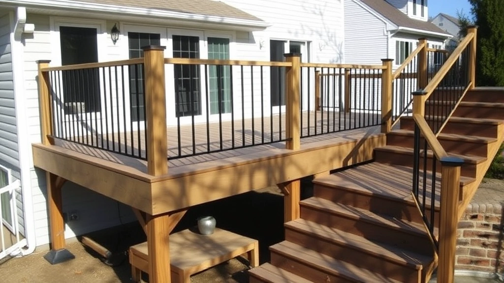 Completed residential deck with pressure-treated frame, composite decking boards, metal railings with balusters, and wooden stairs, afternoon sunlight casting shadows