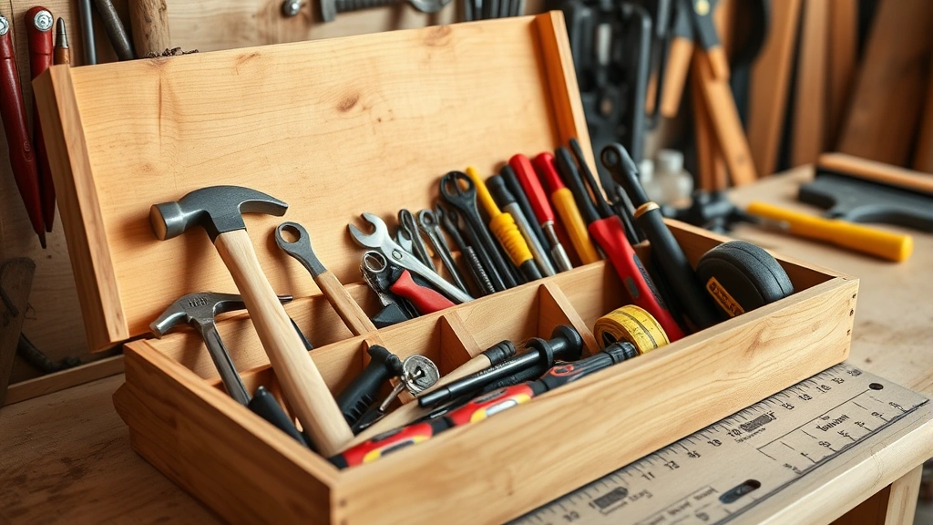Professional carpenter's workbench with organized hand tools including hammers, screwdrivers, wrenches, and measuring tape displayed neatly in wooden tool chest with natural lighting