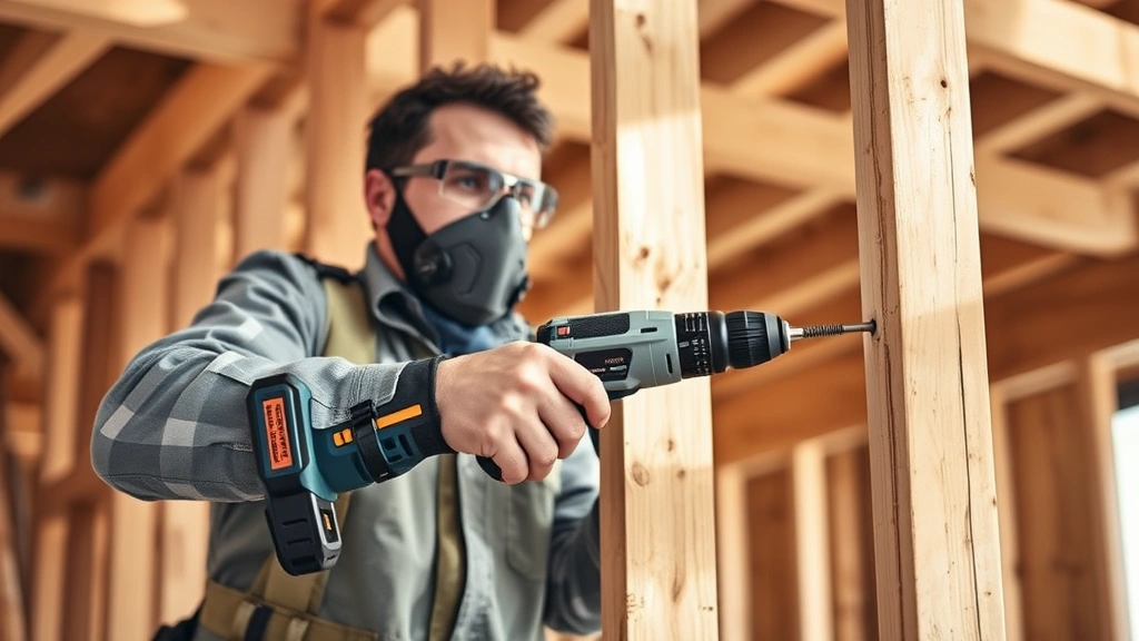 Contractor using cordless drill-driver on wooden framing with safety glasses and dust mask, showing proper tool grip and safety precautions during active building project
