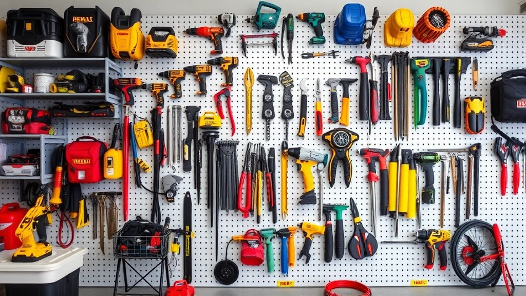 Well-organized garage tool wall with pegboard system displaying various power tools, hand tools, and safety equipment with labeled compartments and proper storage solutions