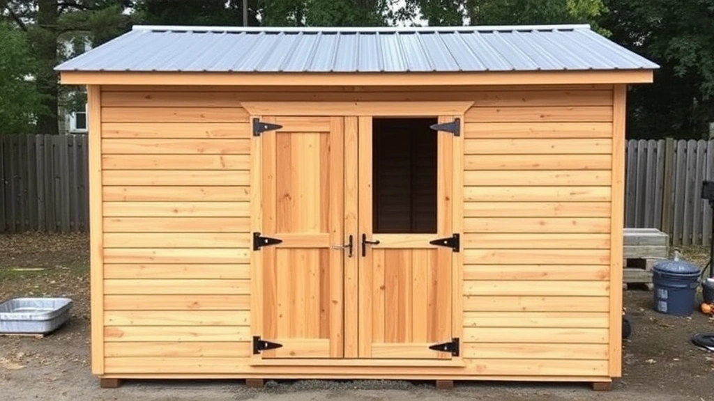 Completed wooden shed with metal roof and proper ventilation, photographed from front angle showing finished siding and door installation in a residential backyard setting