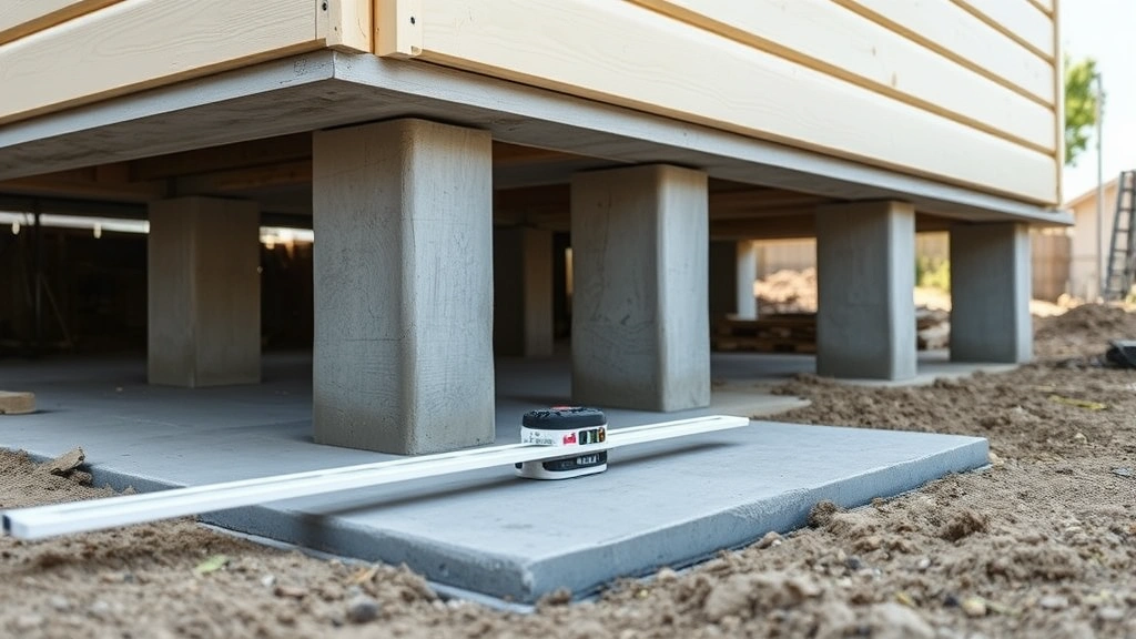 Close-up of concrete foundation piers properly leveled and spaced for shed construction, showing white level tool and concrete pad installation on prepared ground