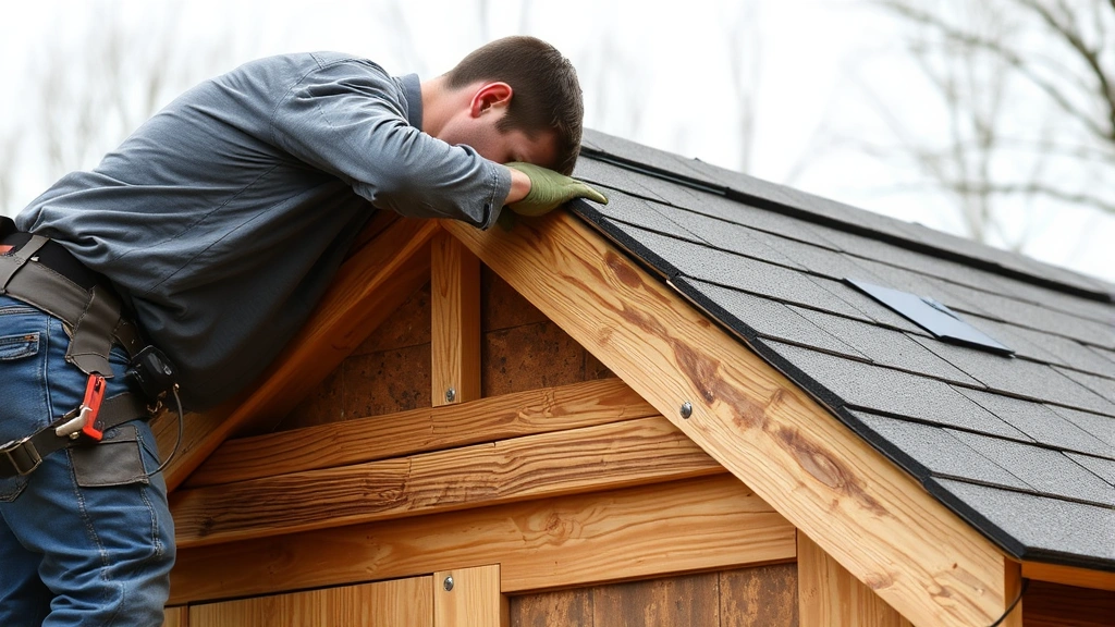 Worker installing roof shingles on shed frame with proper overlap technique, showing nail placement and underlayment layer visible, professional installation method