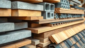 Close-up of various construction materials stacked together including lumber boards, concrete blocks, metal fasteners, and roofing shingles arranged by weight category, natural workshop lighting