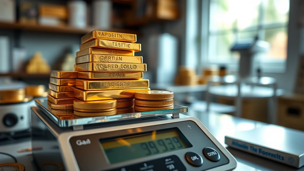 Close-up of gold bars and coins stacked on a certified digital scale showing precise gram measurements in a professional assay office with natural lighting