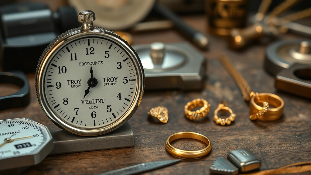 Detailed view of a troy ounce weight standard next to avoirdupois weight on a jeweler's workbench with measurement tools and gold jewelry pieces
