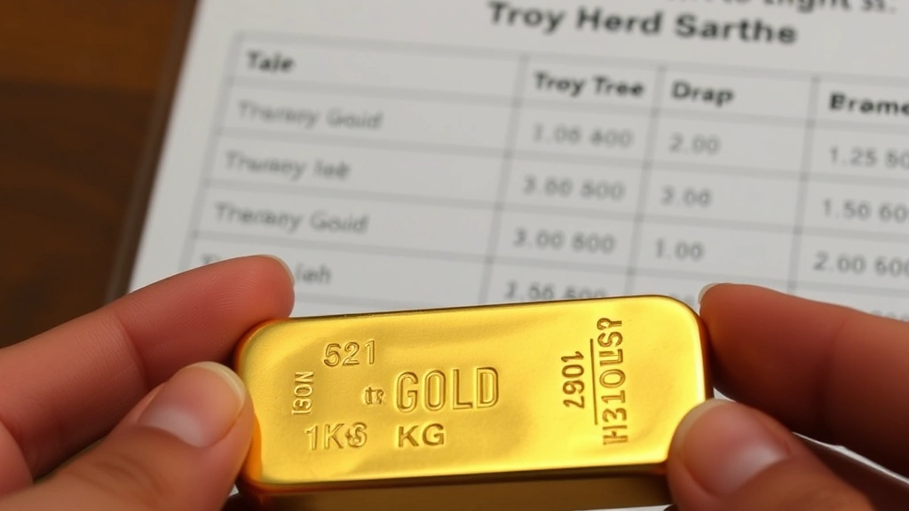 Hands holding a 1-kilogram gold bar marked with metric measurements while a conversion chart is visible in the background showing troy to gram conversions