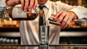 Professional bartender pouring spirit into a stainless steel jigger with measurement markings, showing proper 45-degree bottle angle and technique, well-lit bar counter background