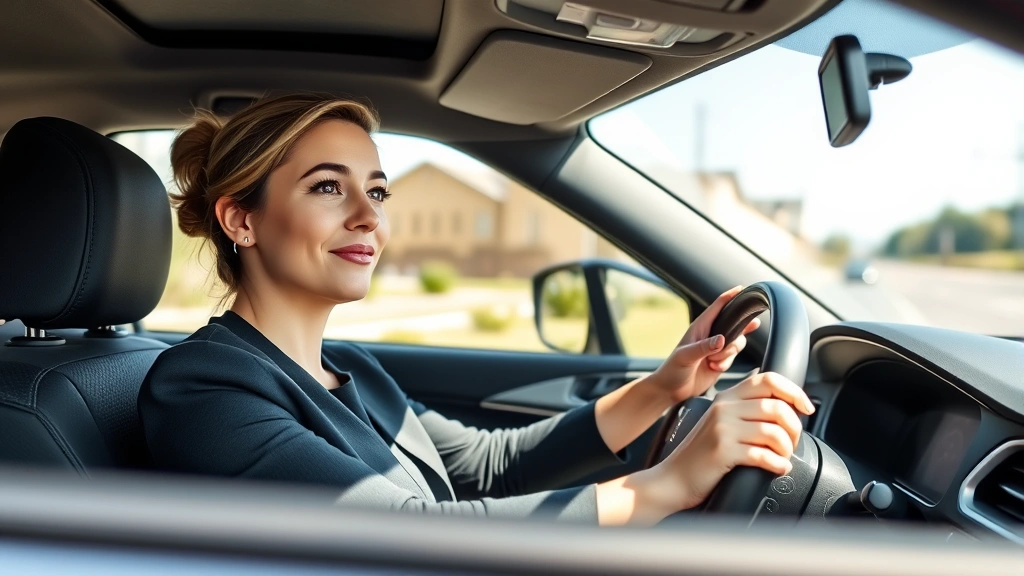 Professional woman sitting in driver's seat of modern car, hands on steering wheel, focused expression, daytime natural lighting, clear road ahead