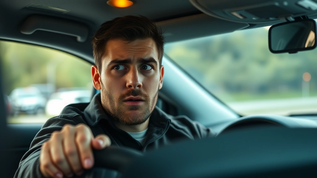 Male driver looking at dashboard warning lights, concerned expression, interior vehicle shot, modern car dashboard visible, natural lighting through windshield