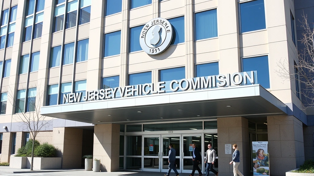 Professional photograph of New Jersey Motor Vehicle Commission office building exterior with clear signage, bright daylight, modern government building architecture, pedestrians approaching entrance