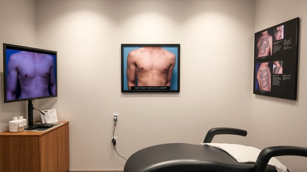 Dermatology consultation room with before-and-after photos of tattoo removal progression across multiple sessions displayed on wall, showing faded tattoo results and treatment timeline documentation
