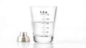 Professional stainless steel jigger measuring 1.5 ounces of clear vodka against white background with precise measurement markings visible