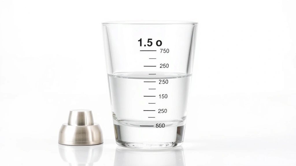 Professional stainless steel jigger measuring 1.5 ounces of clear vodka against white background with precise measurement markings visible