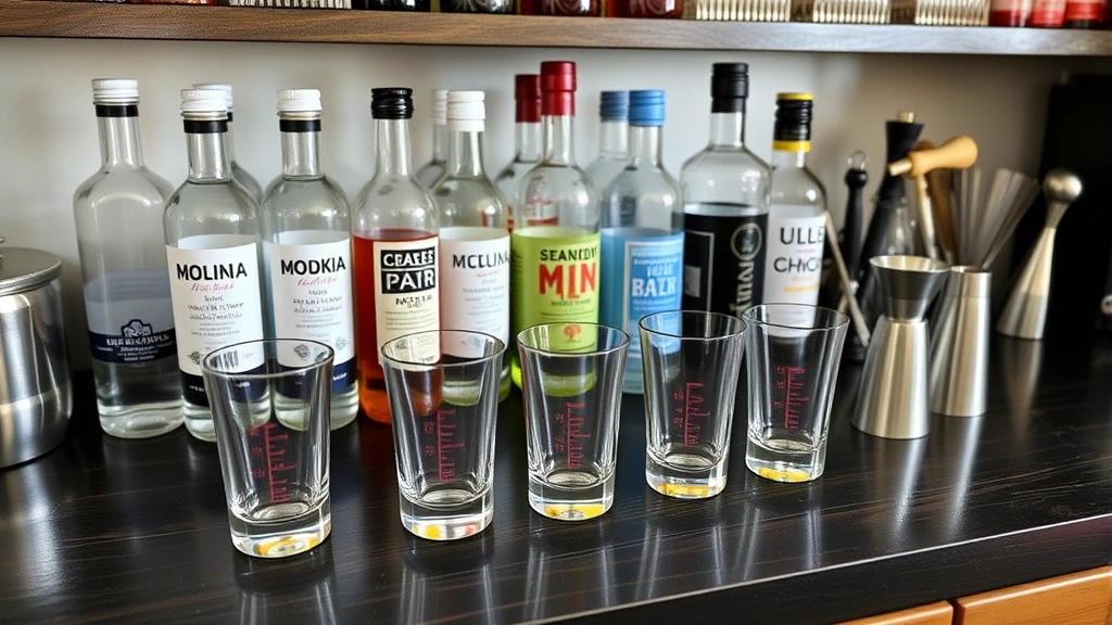 Home bar counter setup with organized vodka bottles, shot glasses with measurement lines, jiggers, and bar tools arranged neatly on dark wood counter