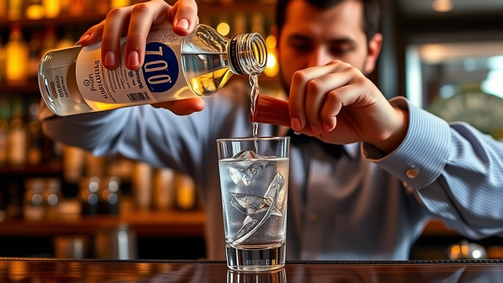 Person pouring vodka from bottle into jigger at eye level with proper technique, showing correct measurement form in well-lit bar environment