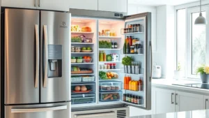 Modern stainless steel refrigerator in bright kitchen with open door showing fresh groceries and organized shelves, natural daylight streaming through window