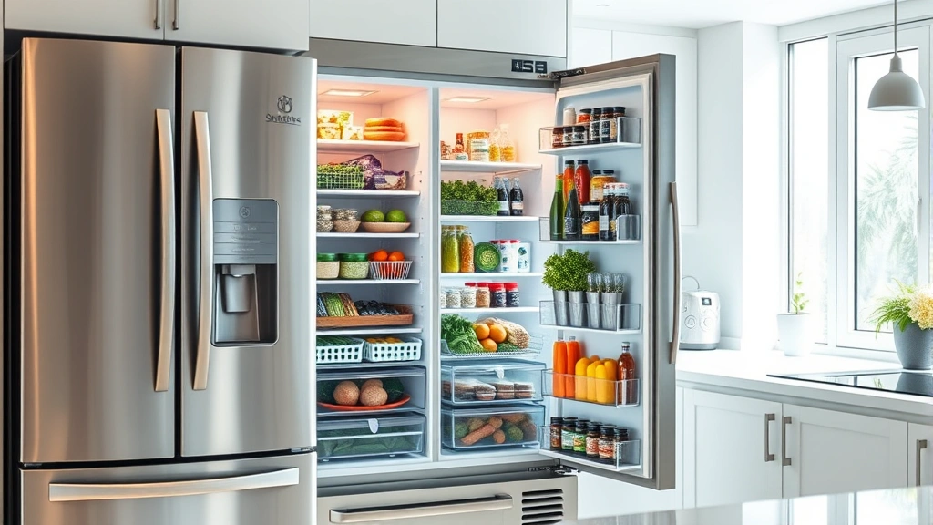 Modern stainless steel refrigerator in bright kitchen with open door showing fresh groceries and organized shelves, natural daylight streaming through window