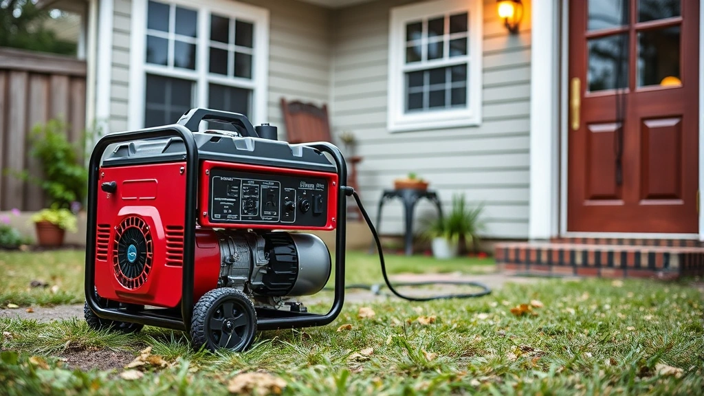 Portable gasoline generator operating outdoors in backyard with heavy-duty extension cord connected to house, positioned safely away from windows and doors