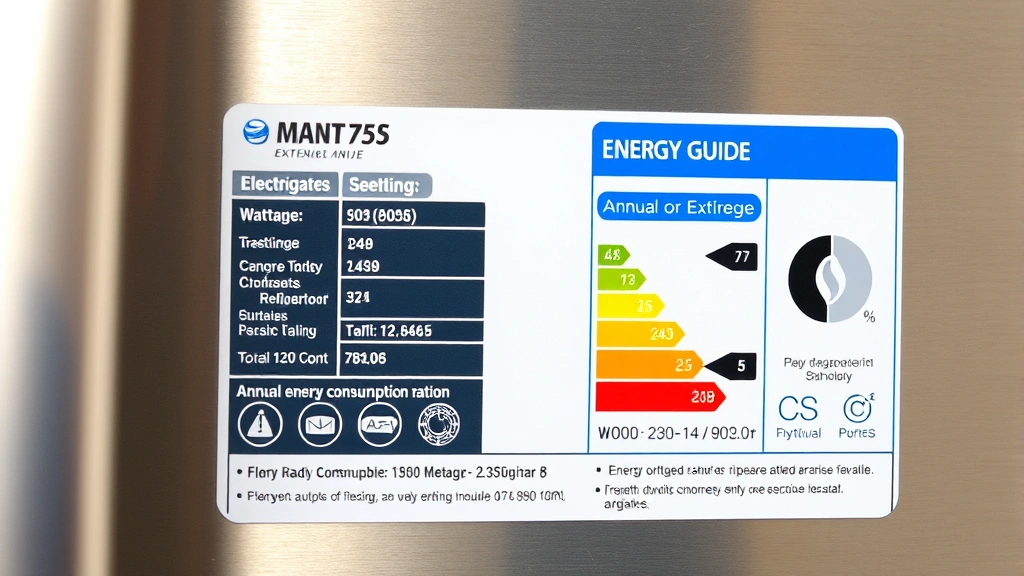 Close-up of refrigerator's electrical nameplate and energy guide label showing wattage specifications and annual energy consumption data in detail
