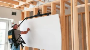 Professional drywall installer using drywall lift to position large sheet against framed wall studs, showing proper body mechanics and equipment setup in residential construction site