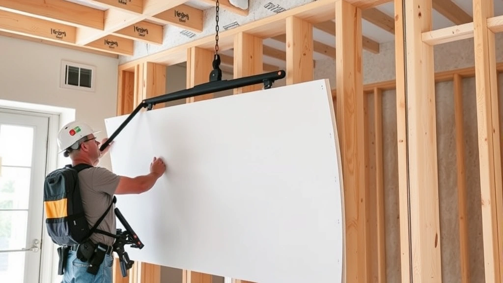 Professional drywall installer using drywall lift to position large sheet against framed wall studs, showing proper body mechanics and equipment setup in residential construction site