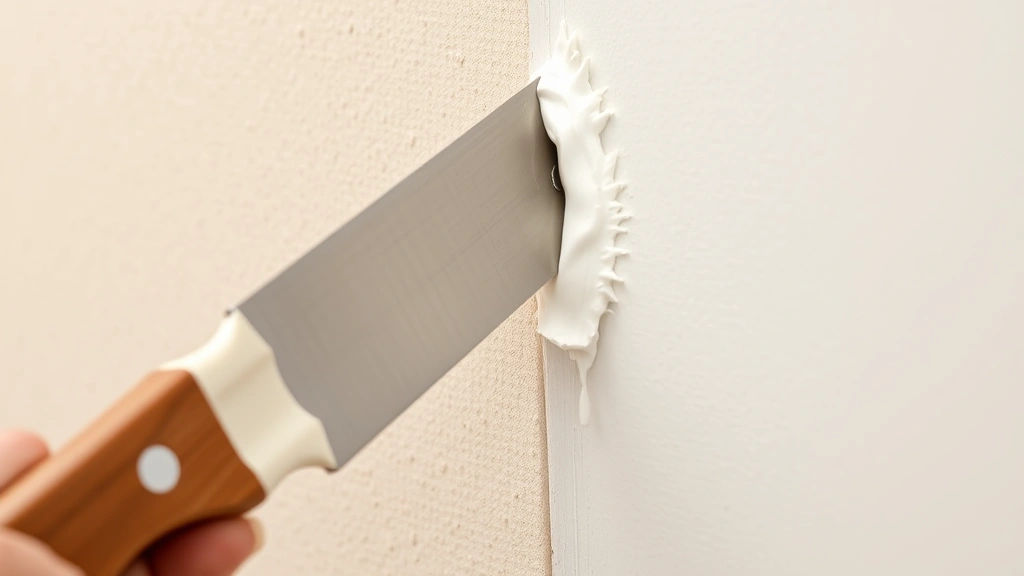 Close-up of joint knife spreading white joint compound over drywall tape on wall seam, demonstrating proper technique with smooth, feathered application by experienced tradesperson
