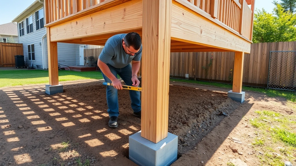 Professional carpenter installing pressure-treated deck posts in concrete footings, measuring post alignment with level tool, sunny residential backyard setting