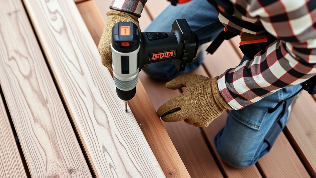 Skilled worker fastening composite decking boards to wooden joists using power drill, demonstrating proper spacing technique, overhead construction angle