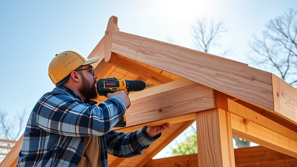 Carpenter installing wooden roof rafters on a shed structure, showing proper spacing and hurricane tie installation with power drill in sunlight