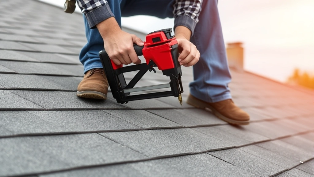 Worker nailing asphalt shingles onto plywood roof sheathing with pneumatic roofing nailer, demonstrating proper fastener placement technique