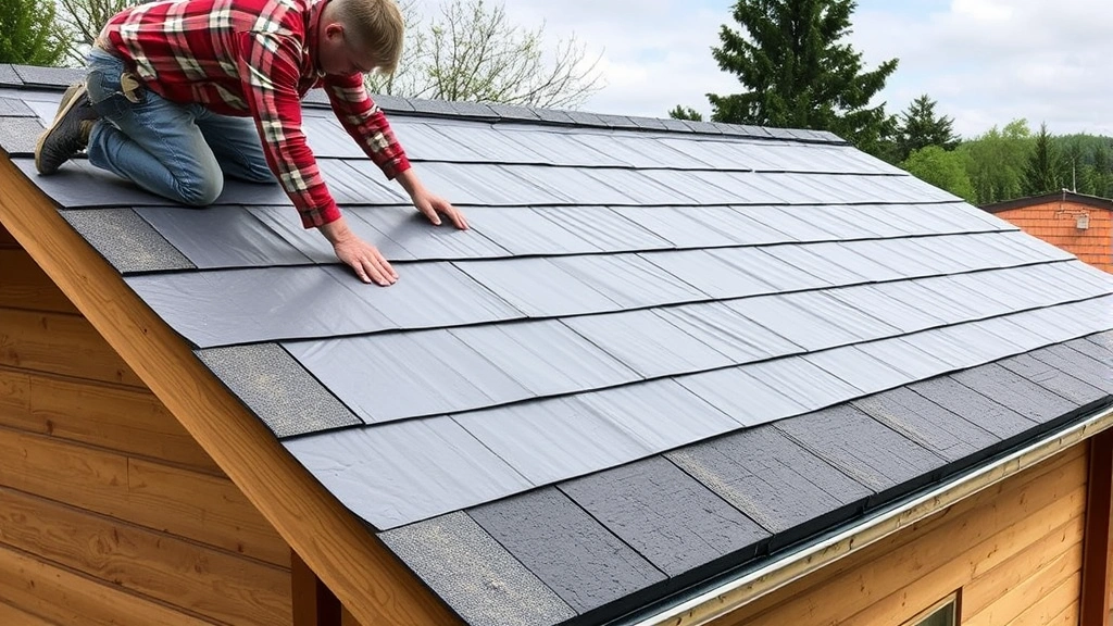 Roofer installing synthetic underlayment on shed roof with horizontal overlapping courses, showing correct water-shedding orientation