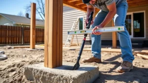 Professional carpenter installing pressure-treated wooden deck posts in concrete footings with proper spacing, showing post-hole digger and level tool in use on a sunny residential construction site