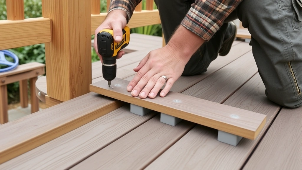 Worker fastening composite decking boards to pressure-treated joists using cordless drill and stainless steel screws, with spacer blocks visible between boards maintaining proper spacing