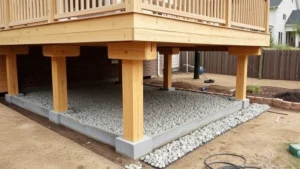 Professional wooden deck construction showing pressure-treated lumber posts set in concrete footings with gravel drainage, demonstrating proper foundation installation on residential property