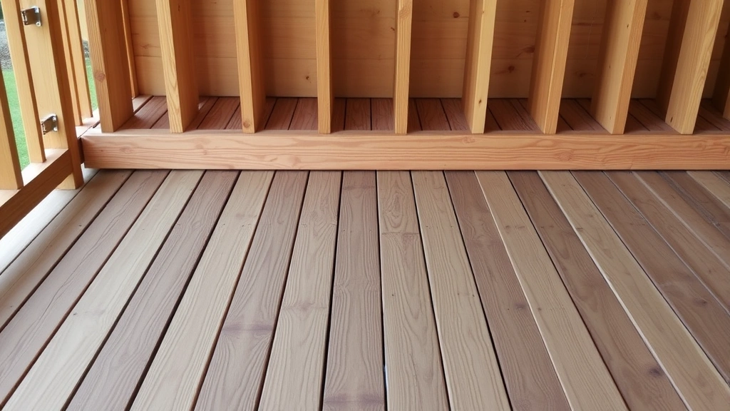 Completed wooden deck with pressure-treated boards installed with proper spacing, showing joist hangers connecting floor joists to beam, professional deck framing visible from underneath