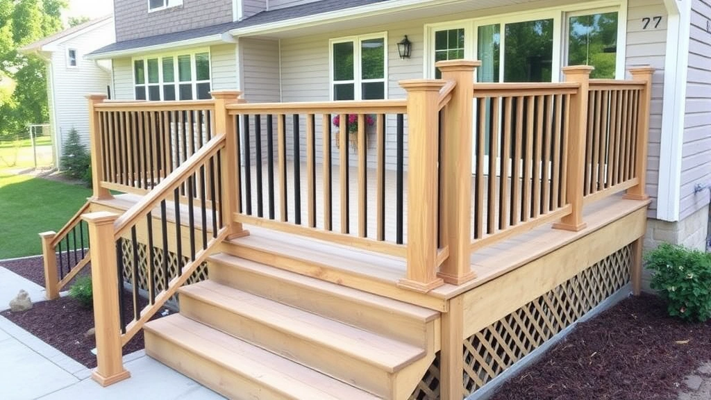Finished residential wooden deck with railings and composite stairs, showing completed outdoor living space with proper spacing between balusters, natural wood finish, and established landscaping
