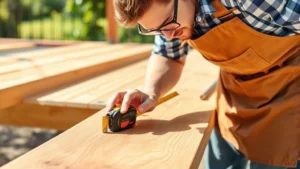Professional carpenter measuring and marking pressure-treated lumber for deck construction, wearing safety glasses and work apron, bright outdoor daylight, showing measurement tape and carpenter's pencil on wooden surface