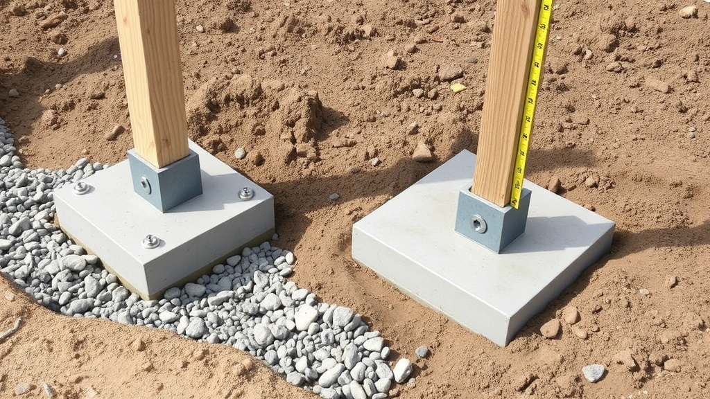 Concrete footings and galvanized post bases installed in ground with gravel drainage, showing proper frost line depth with measurement reference, clear outdoor construction site view