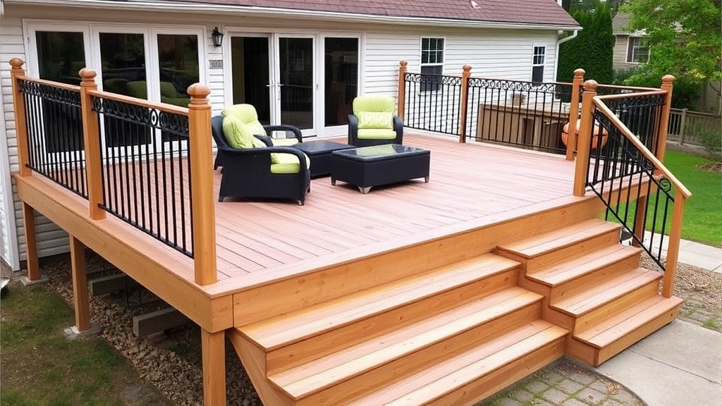 Completed residential deck with composite decking boards, metal railings with balusters, and attached stairs, showing finished construction with furniture and natural outdoor setting