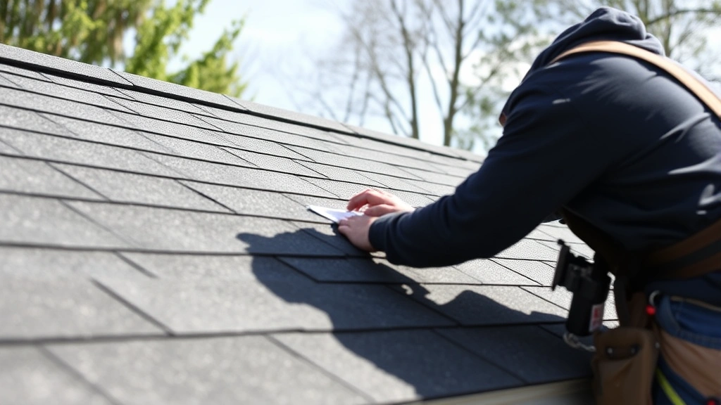 Experienced roofer installing asphalt shingles on residential shed roof, demonstrating proper nail placement and overlap technique, daylight construction site