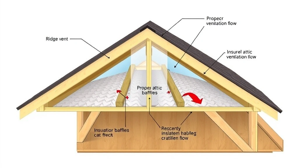 Cross-section detail of shed roof showing ridge vent, proper attic ventilation flow, insulation baffles, and decking layers in cutaway perspective