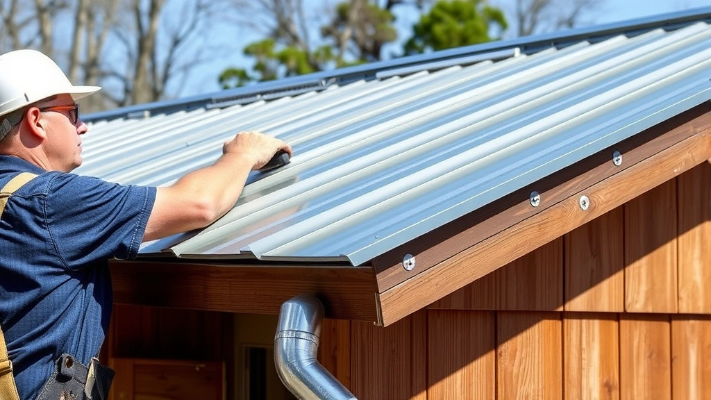 Worker installing metal roofing panels on shed structure, showing standing seam panel overlap, fastener placement, and flashing installation at roof edge