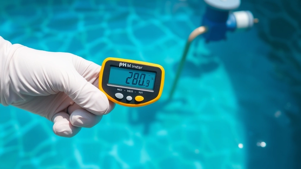 Person in safety gloves holding digital pH meter testing pool water from below surface near deep end, pool pump running in background, clear turquoise water visible