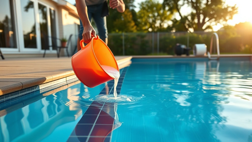 Wide shot of residential backyard swimming pool with person distributing dissolved baking soda solution along pool edge using plastic bucket, pump equipment visible on deck, afternoon lighting